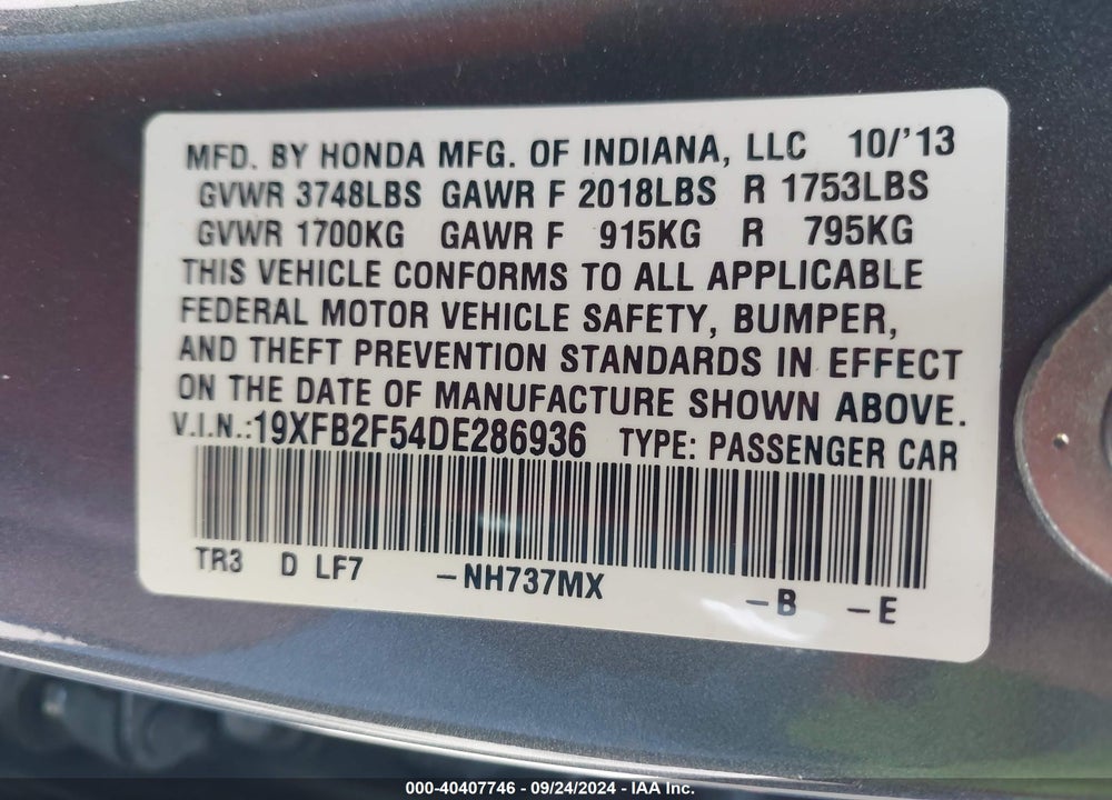 2013 HONDA CIVIC LX VIN: 19XFB2F54DE286936