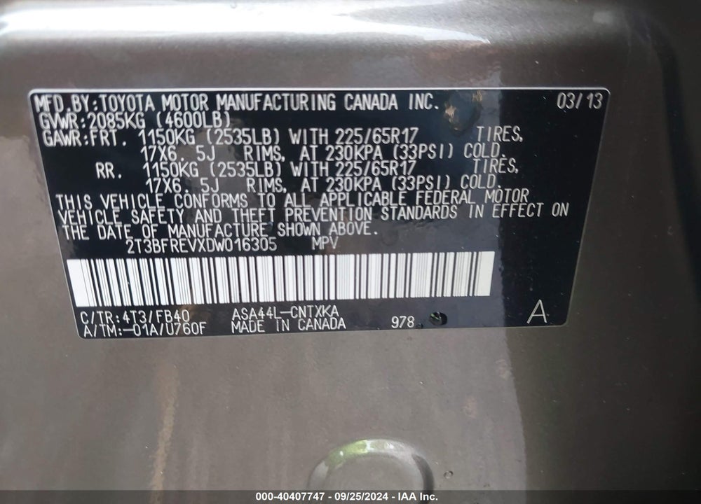 2013 TOYOTA RAV4 LE VIN: 2T3BFREVXDW016305