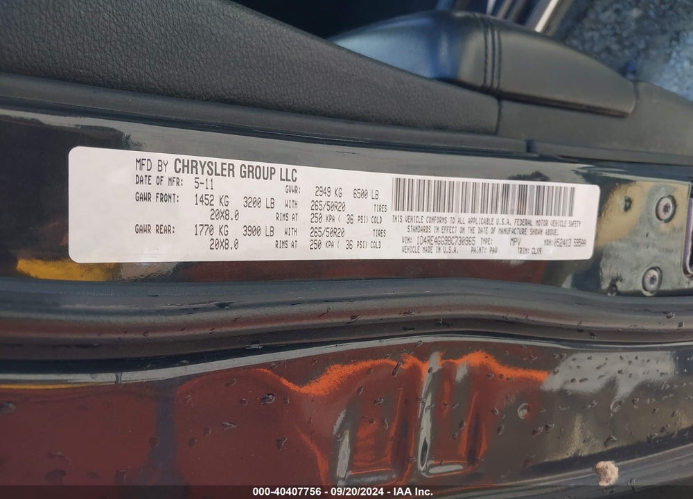 2011 DODGE DURANGO VIN: 1D4RE4GG9BC730965