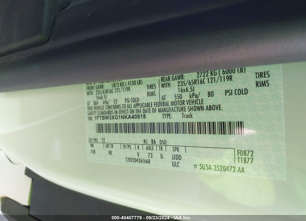 2022 FORD TRANSIT-350 CARGO VAN VIN: 1FTBW3XG1NKA40918