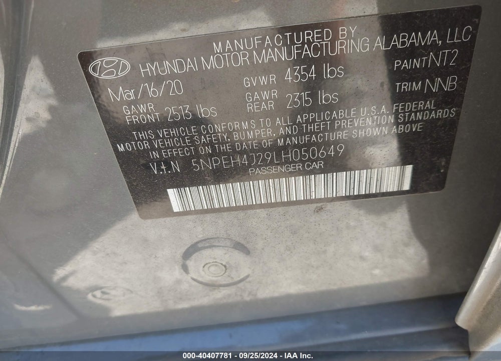 2020 HYUNDAI SONATA LIMITED VIN: 5NPEH4J29LH050649