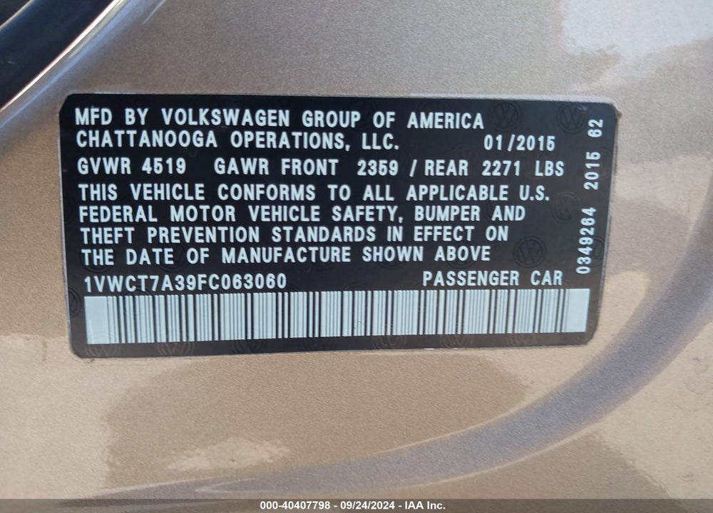 2015 VOLKSWAGEN PASSAT 1.8T SEL PREMIUM VIN: 1VWCT7A39FC063060
