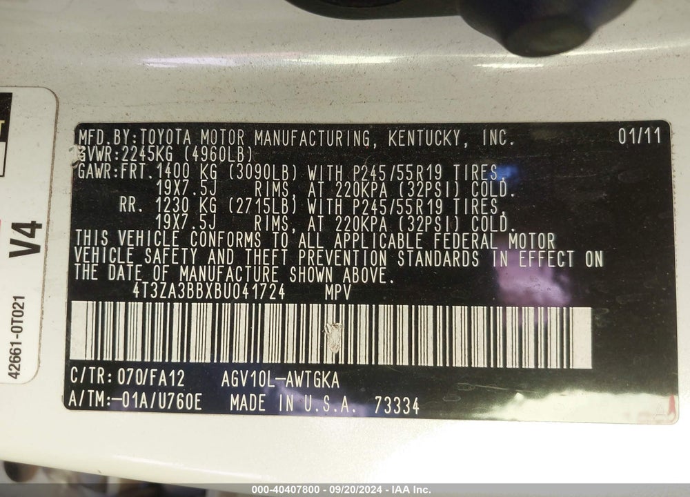 2011 TOYOTA VENZA VIN: 4T3ZA3BBXBU041724
