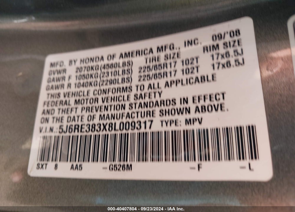 2008 HONDA CR-V LX VIN: 5J6RE383X8L009317