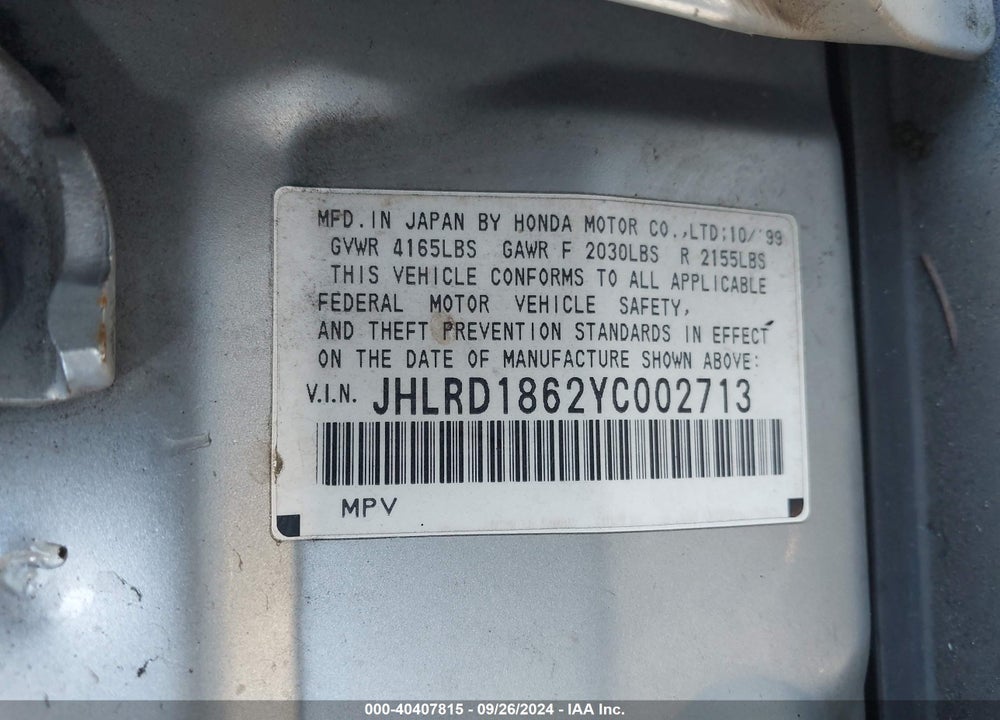 2000 HONDA CR-V EX VIN: JHLRD1862YC002713