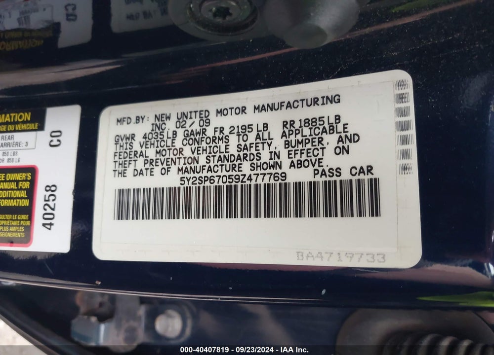 2009 PONTIAC VIBE VIN: 5Y2SP67059Z477769