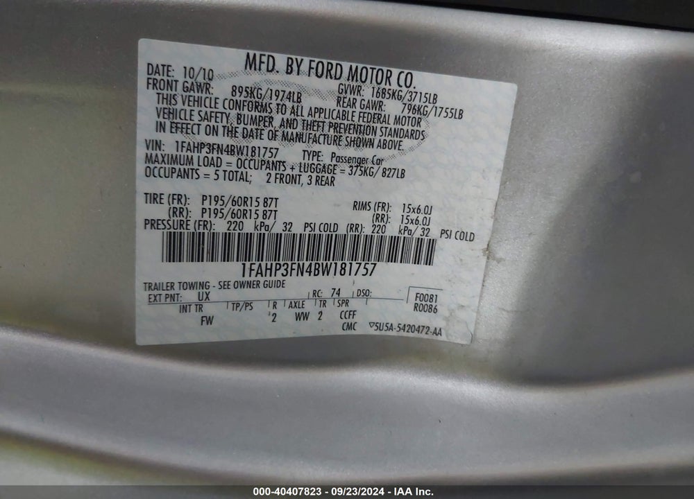 2011 FORD FOCUS SE VIN: 1FAHP3FN4BW181757