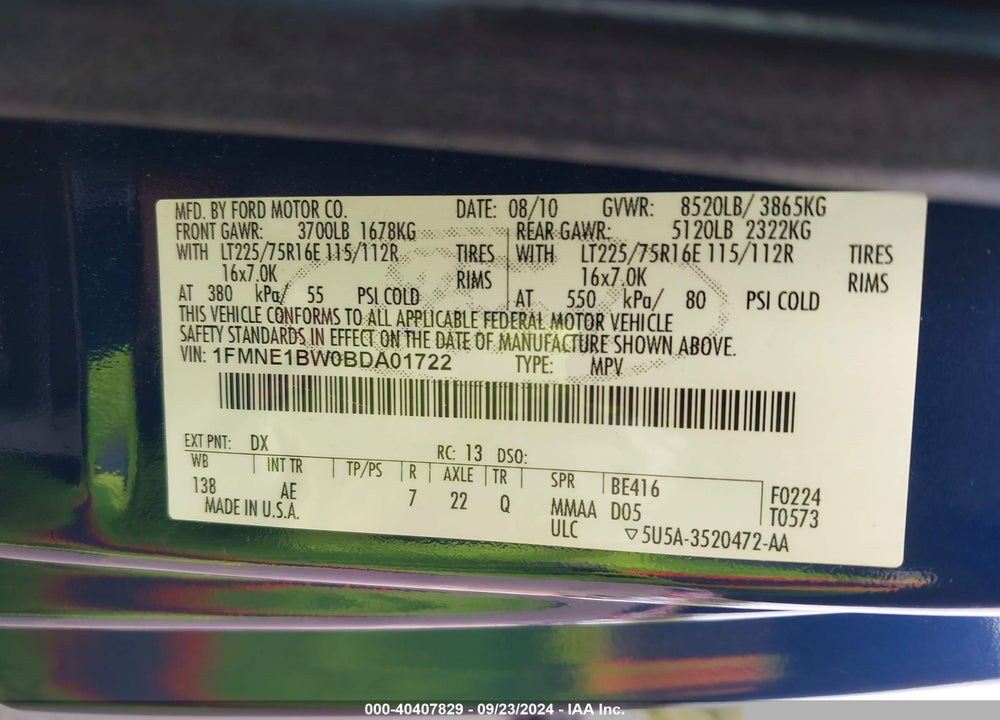 2011 FORD E-150 XL VIN: 1FMNE1BW0BDA01722