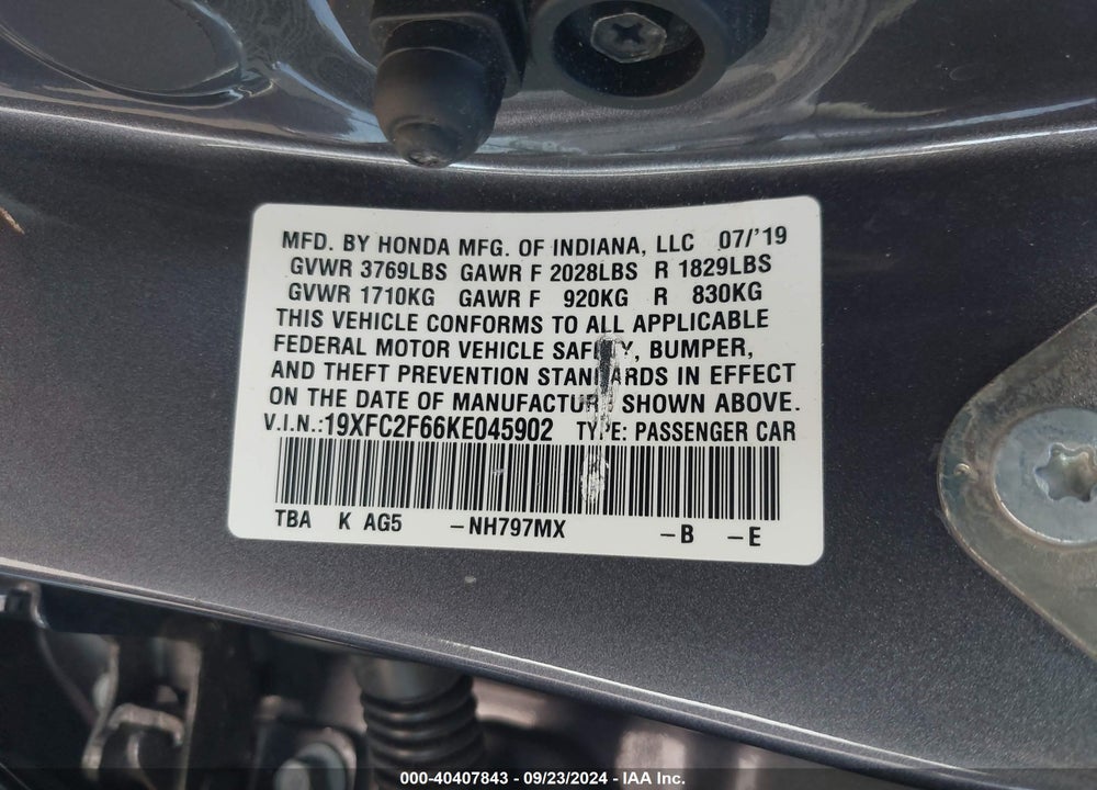 2019 HONDA CIVIC LX VIN: 19XFC2F66KE045902