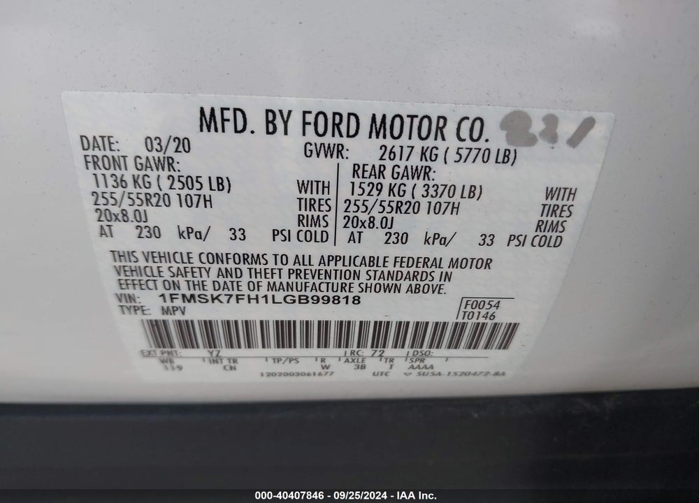 2020 FORD EXPLORER LIMITED VIN: 1FMSK7FH1LGB99818