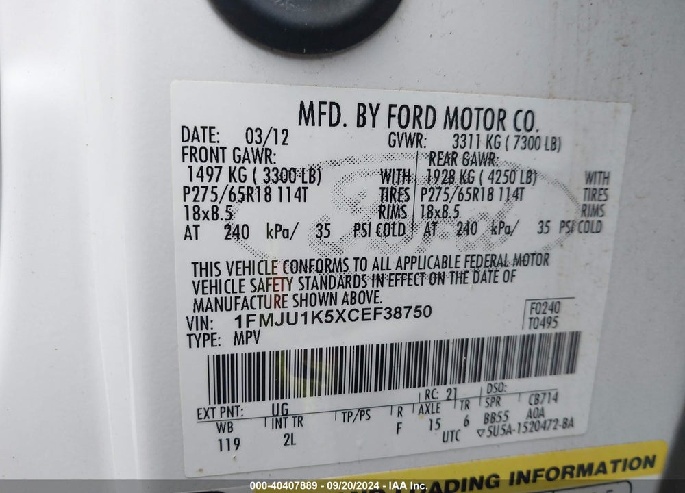 2012 FORD EXPEDITION LIMITED VIN: 1FMJU1K5XCEF38750