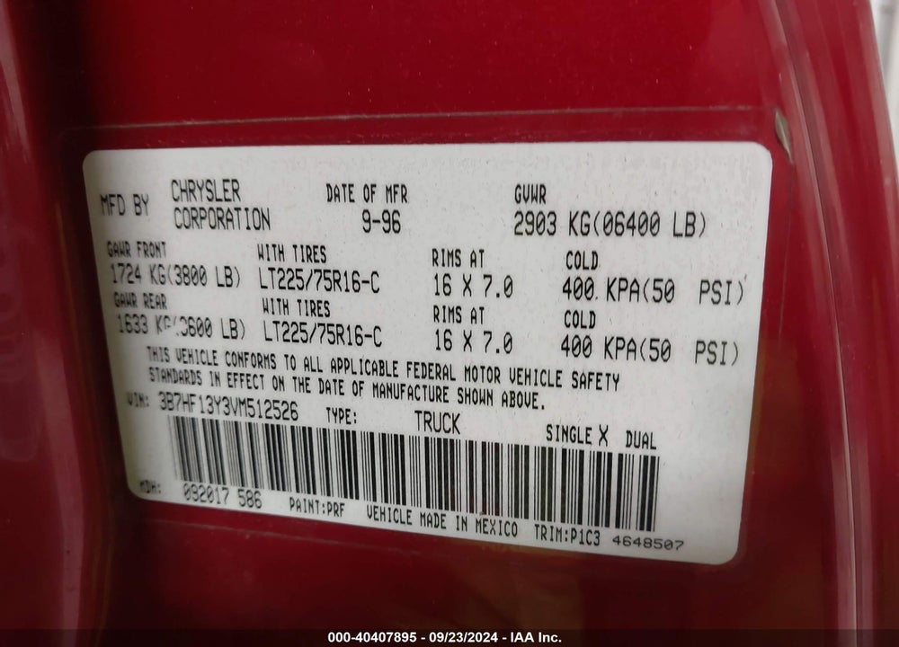 1997 DODGE RAM 1500 ST VIN: 3B7HF13Y3VM512526