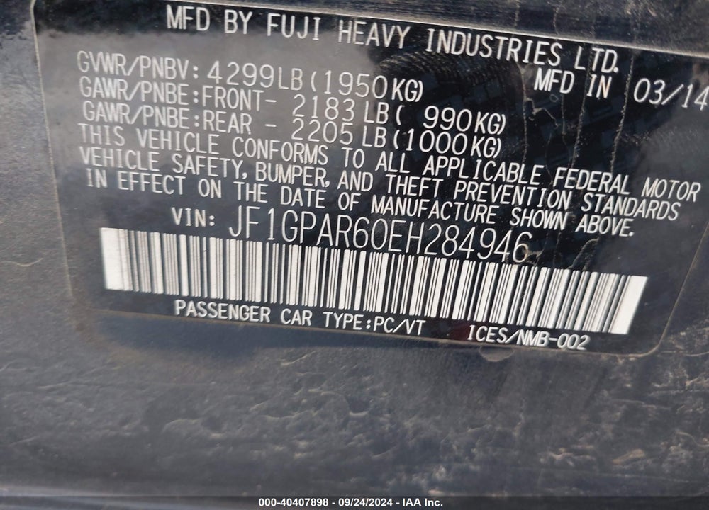 2014 SUBARU IMPREZA 2.0I SPORT LIMITED VIN: JF1GPAR60EH284946