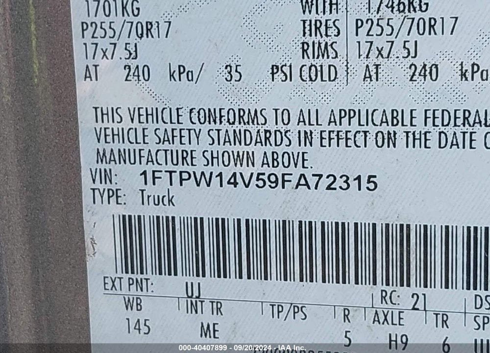 2009 FORD F-150 FX4/KING RANCH/LARIAT/PLATINUM/XL/XLT VIN: 1FTPW14V59FA72315