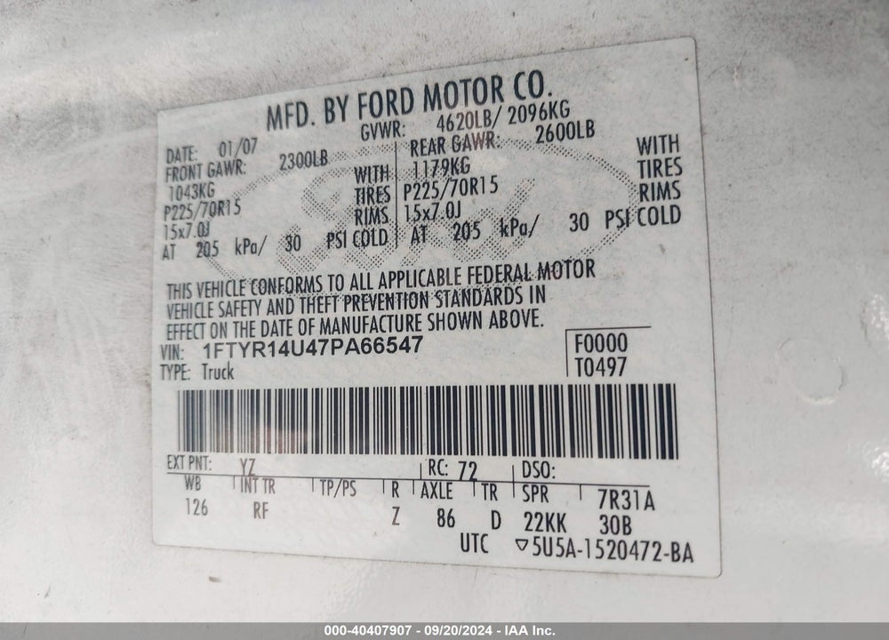 2007 FORD RANGER SPORT/STX/XL/XLT VIN: 1FTYR14U47PA66547