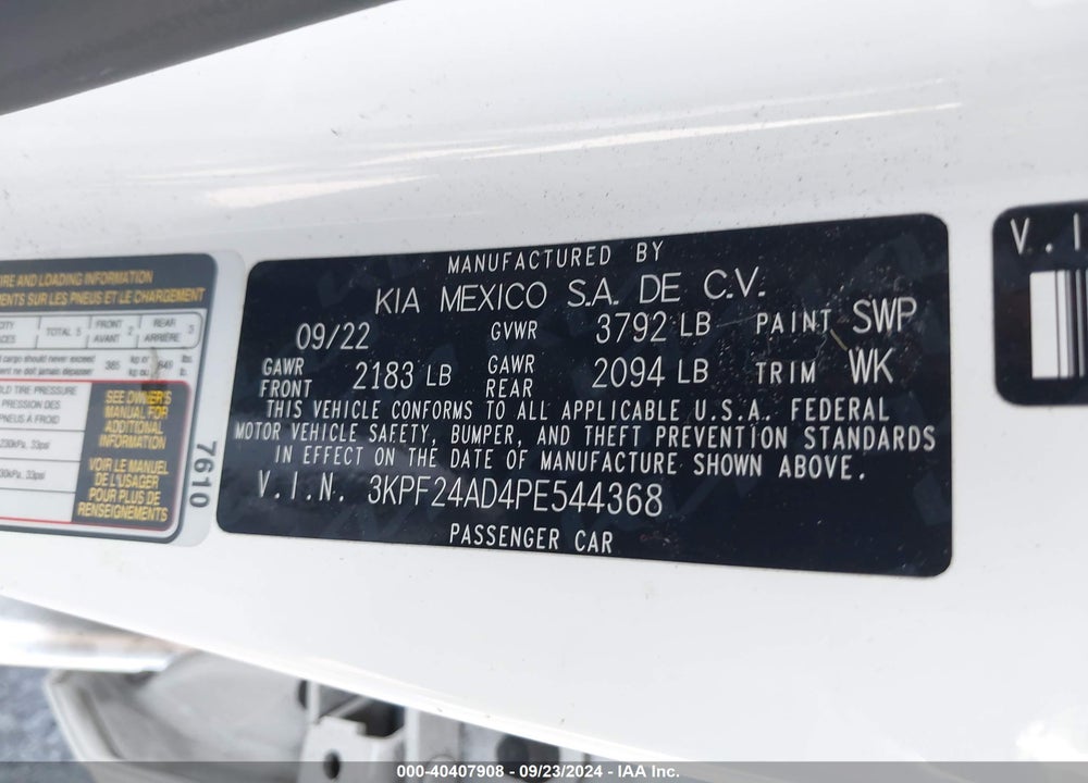 2023 KIA FORTE LXS VIN: 3KPF24AD4PE544368