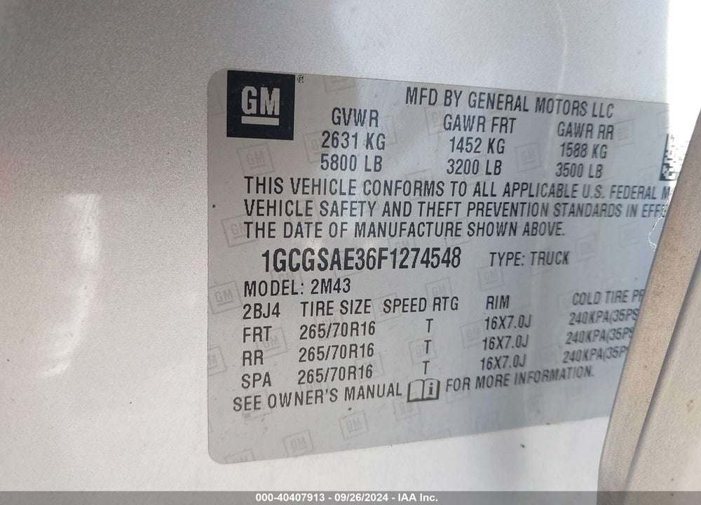2015 CHEVROLET COLORADO WT VIN: 1GCGSAE36F1274548