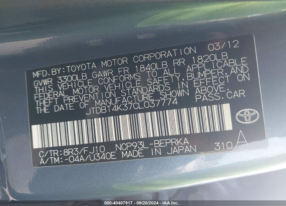 2012 TOYOTA YARIS VIN: JTDBT4K37CL037774