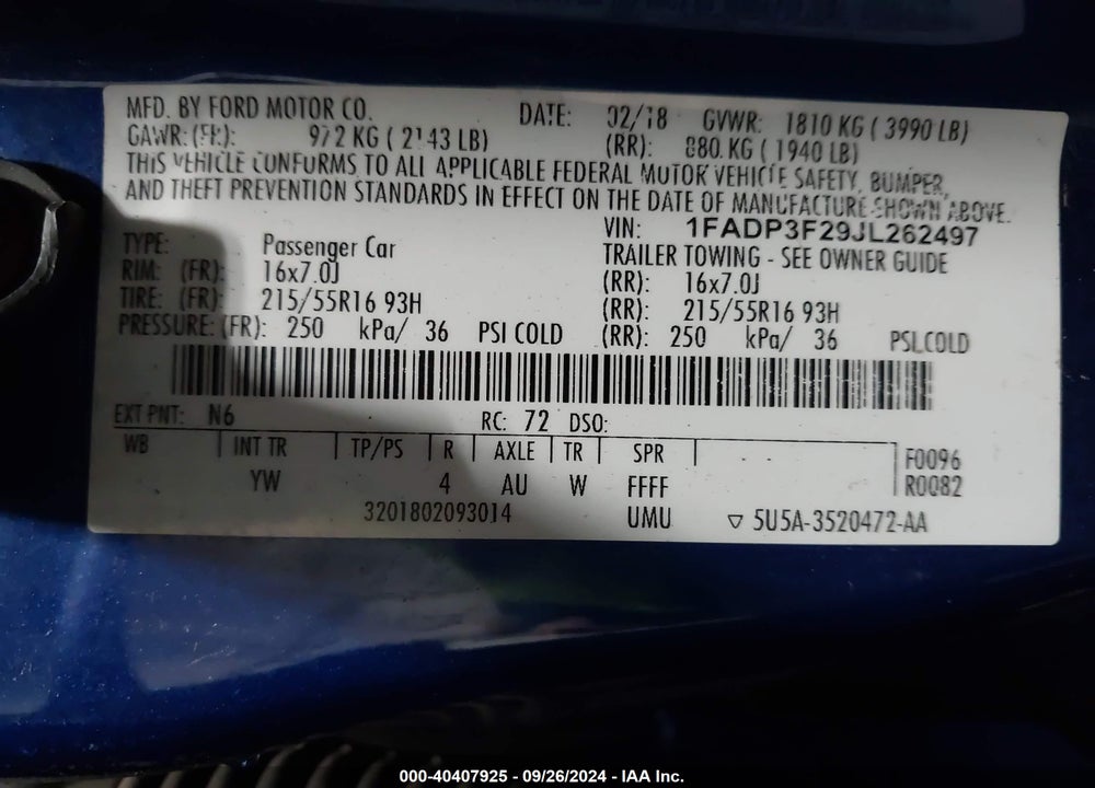 2018 FORD FOCUS SE VIN: 1FADP3F29JL262497