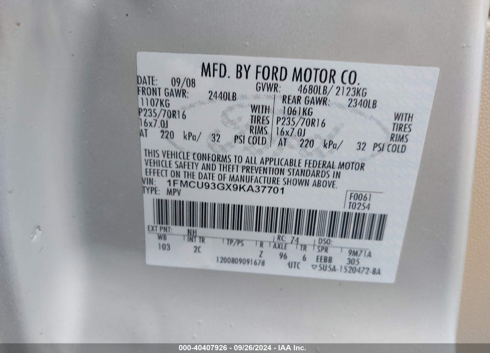2009 FORD ESCAPE XLT VIN: 1FMCU93GX9KA37701