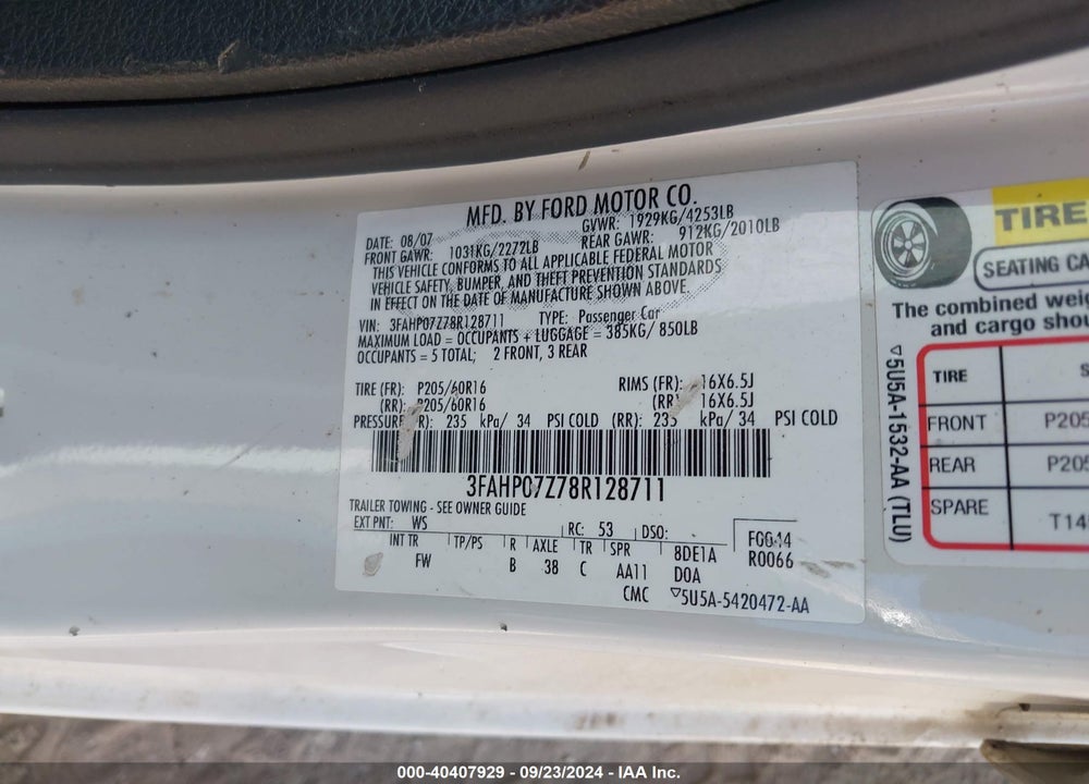 2008 FORD FUSION SE VIN: 3FAHP07Z78R128711