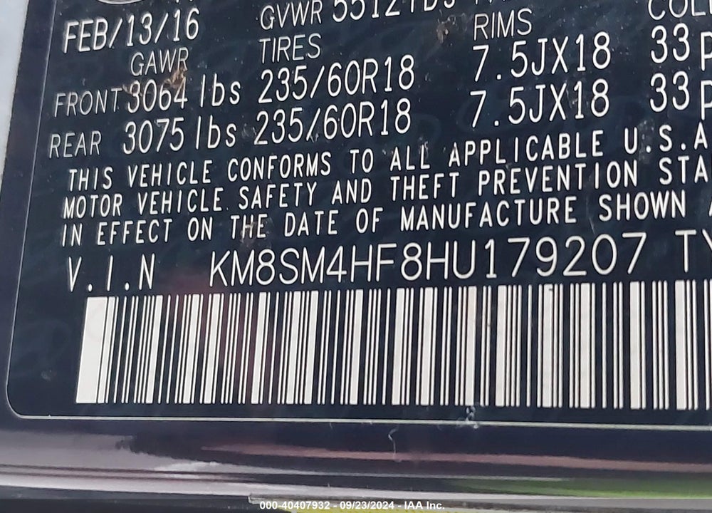 2017 HYUNDAI SANTA FE SE VIN: KM8SM4HF8HU179207