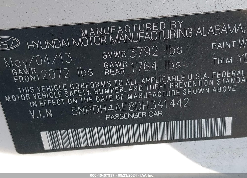 2013 HYUNDAI ELANTRA GLS VIN: 5NPDH4AE8DH341442