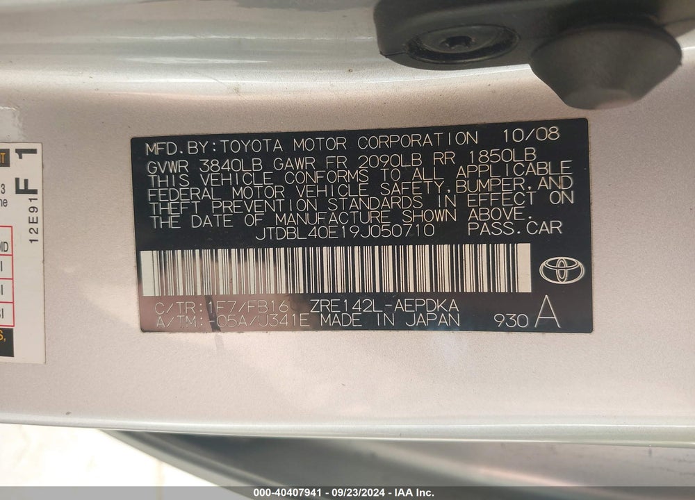 2009 TOYOTA COROLLA VIN: JTDBL40E19J050710