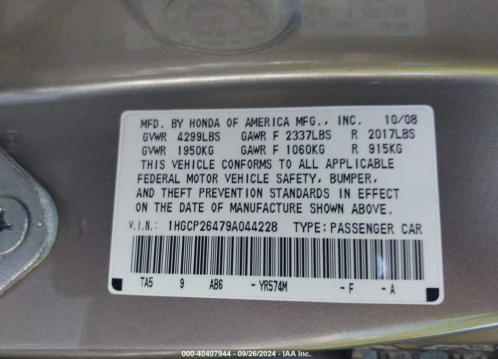 2009 HONDA ACCORD 2.4 LX-P VIN: 1HGCP26479A044228