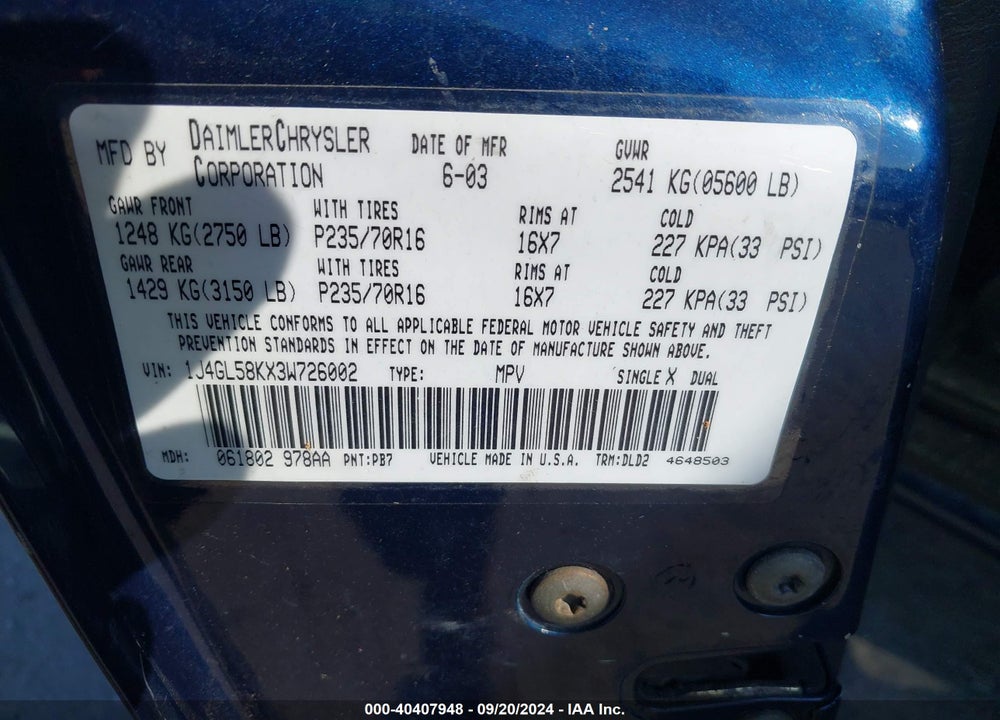 2003 JEEP LIBERTY LIMITED EDITION VIN: 1J4GL58KX3W726002