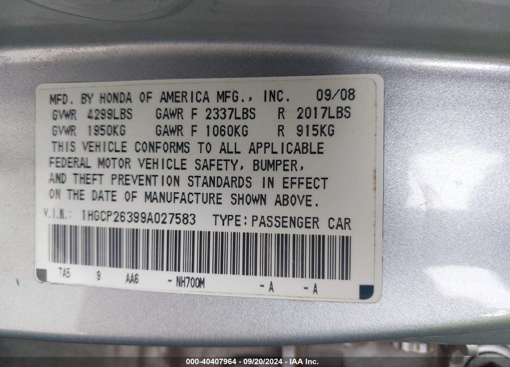 2009 HONDA ACCORD 2.4 LX VIN: 1HGCP26399A027583