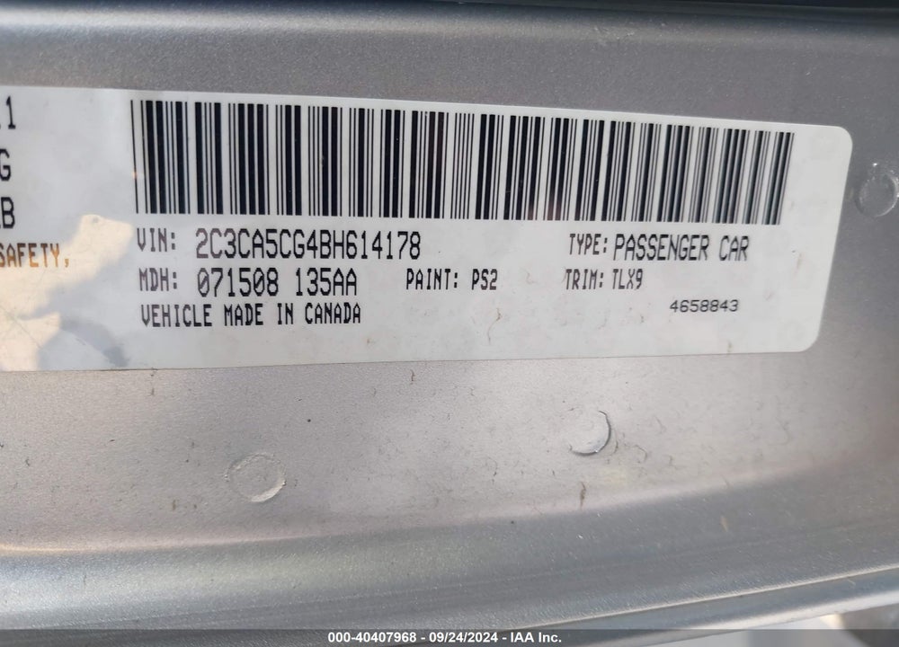 2011 CHRYSLER 300 LIMITED VIN: 2C3CA5CG4BH614178