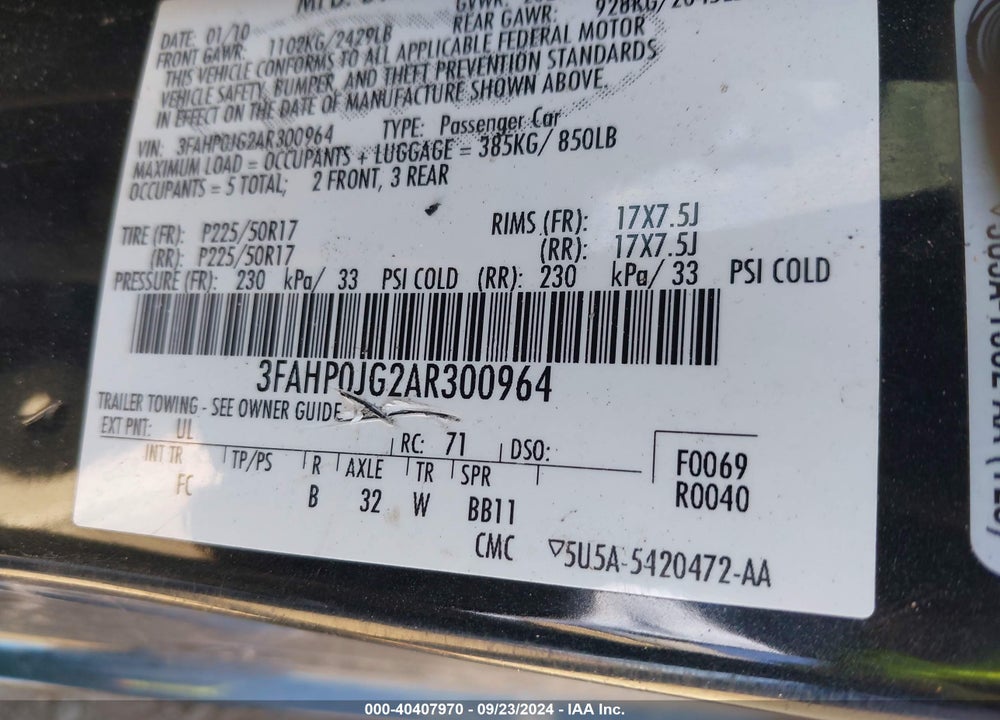 2010 FORD FUSION SEL VIN: 3FAHP0JG2AR300964