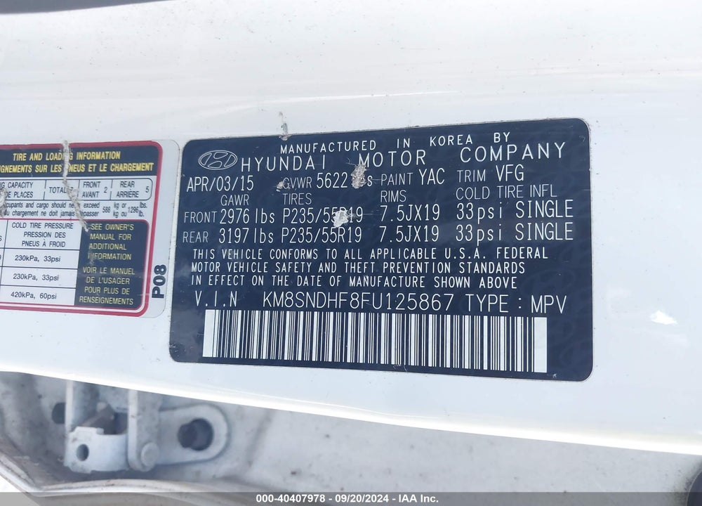 2015 HYUNDAI SANTA FE GLS VIN: KM8SNDHF8FU125867
