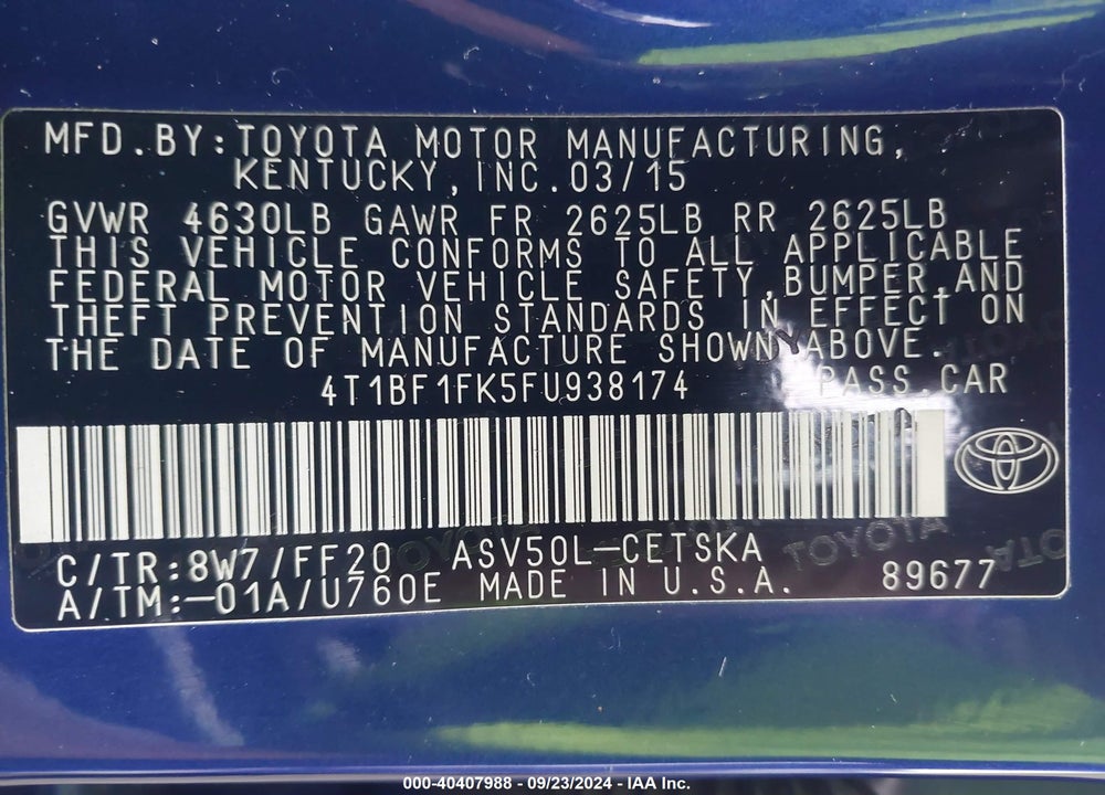 2015 TOYOTA CAMRY SE VIN: 4T1BF1FK5FU938174