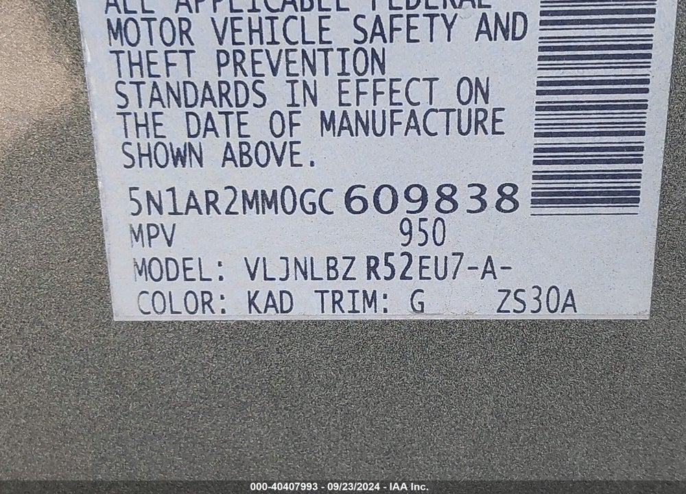 2016 NISSAN PATHFINDER PLATINUM/S/SL/SV VIN: 5N1AR2MM0GC609838