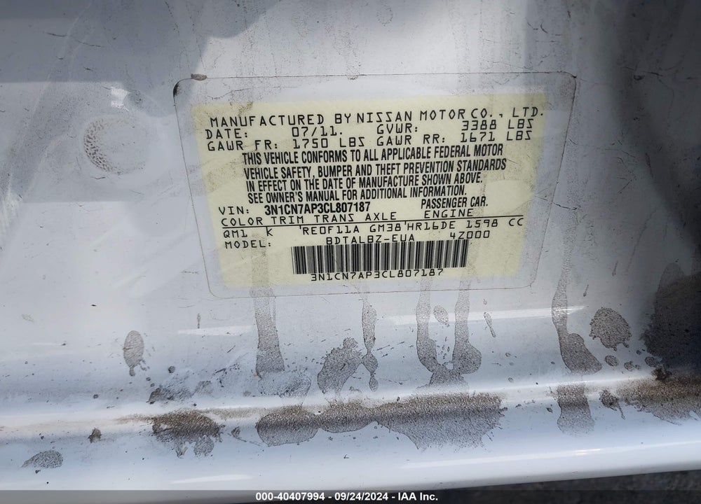2012 NISSAN VERSA 1.6 SV VIN: 3N1CN7AP3CL807187