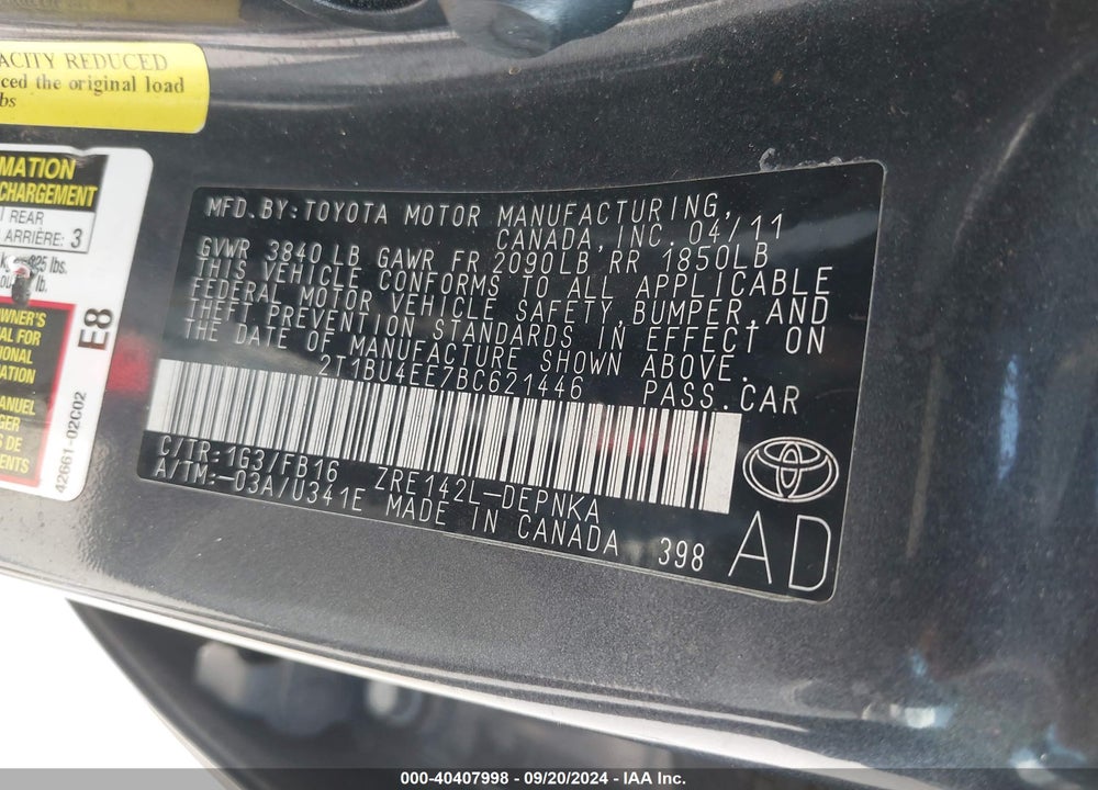 2011 TOYOTA COROLLA LE VIN: 2T1BU4EE7BC621446