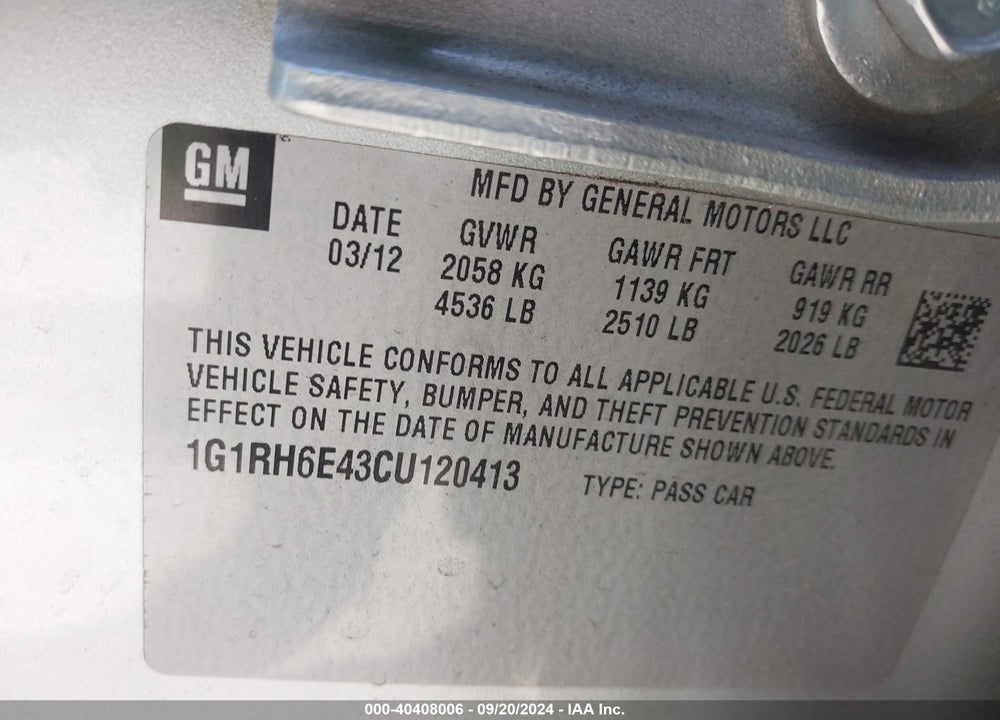 2012 CHEVROLET VOLT VIN: 1G1RH6E43CU120413