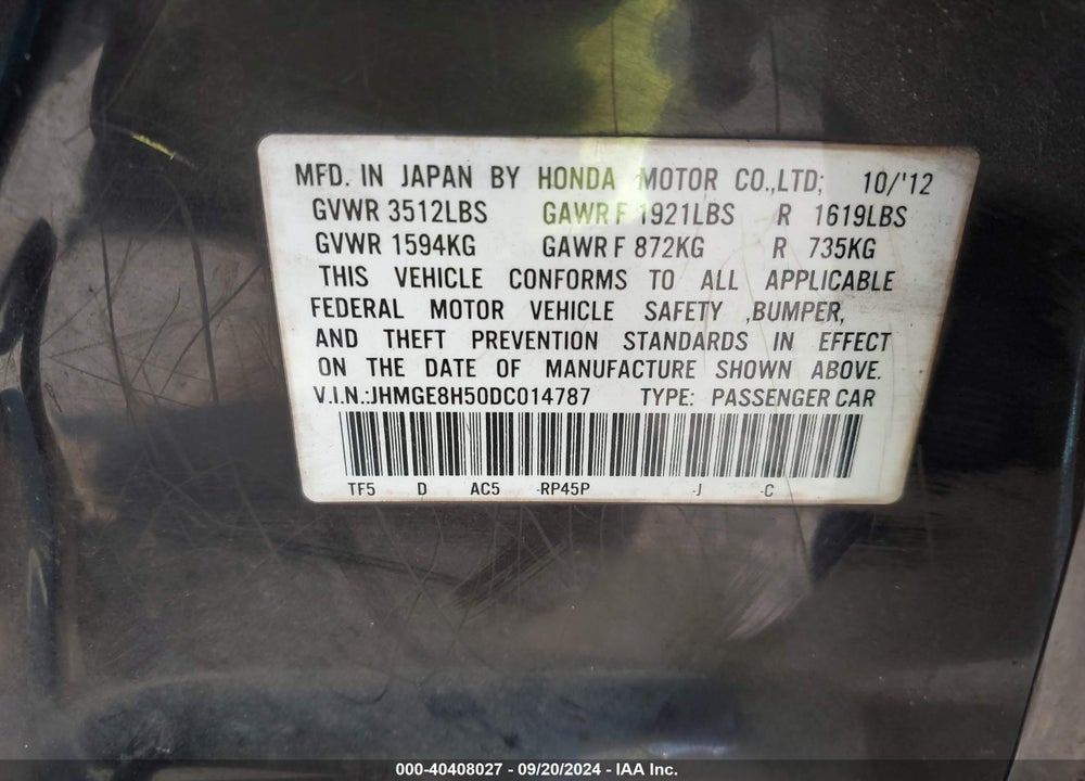 2013 HONDA FIT SPORT VIN: JHMGE8H50DC014787