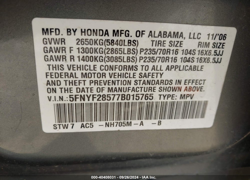2007 HONDA PILOT EX-L VIN: 5FNYF28577B015765