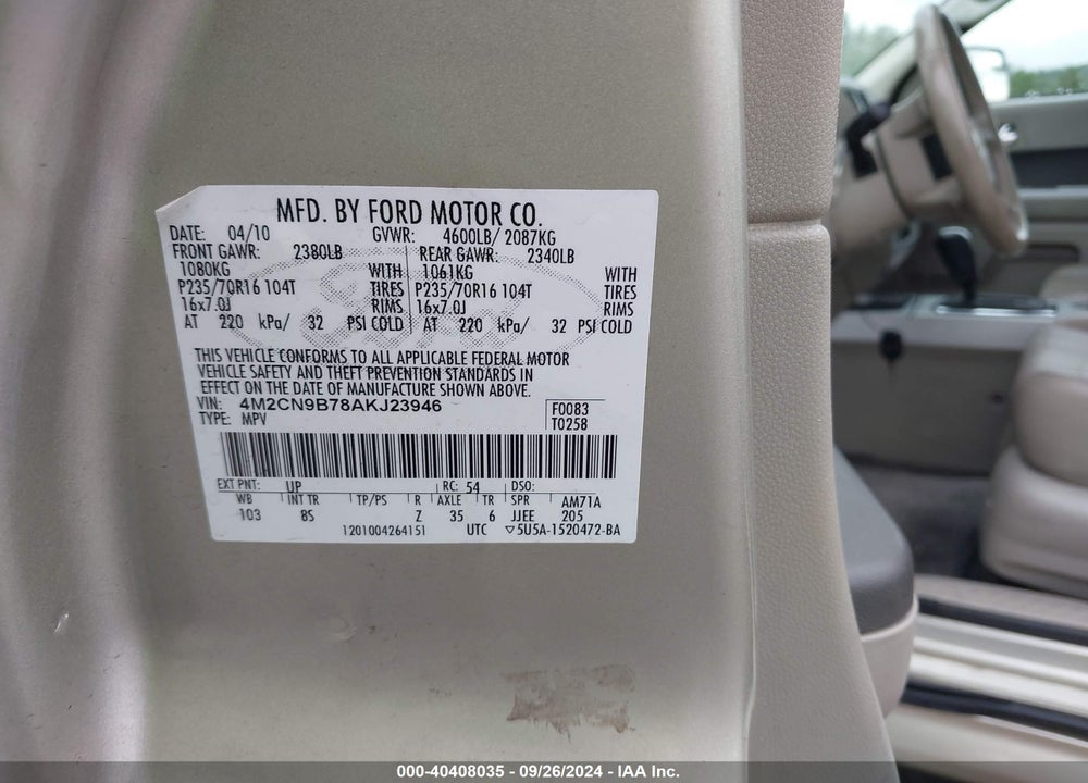 2010 MERCURY MARINER VIN: 4M2CN9B78AKJ23946