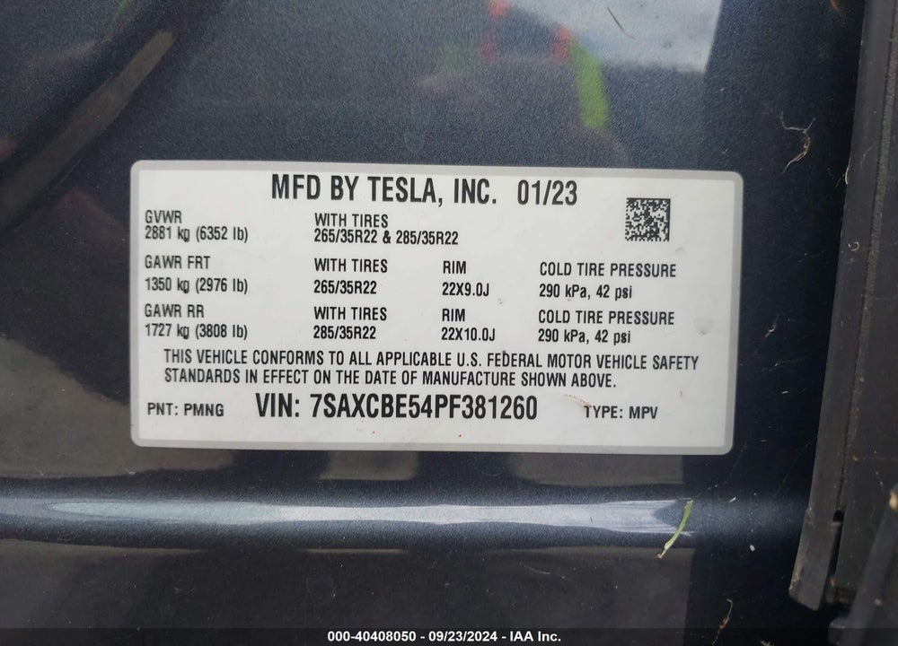 2023 TESLA MODEL X DUAL MOTOR ALL-WHEEL DRIVE/STANDARD RANGE VIN: 7SAXCBE54PF381260