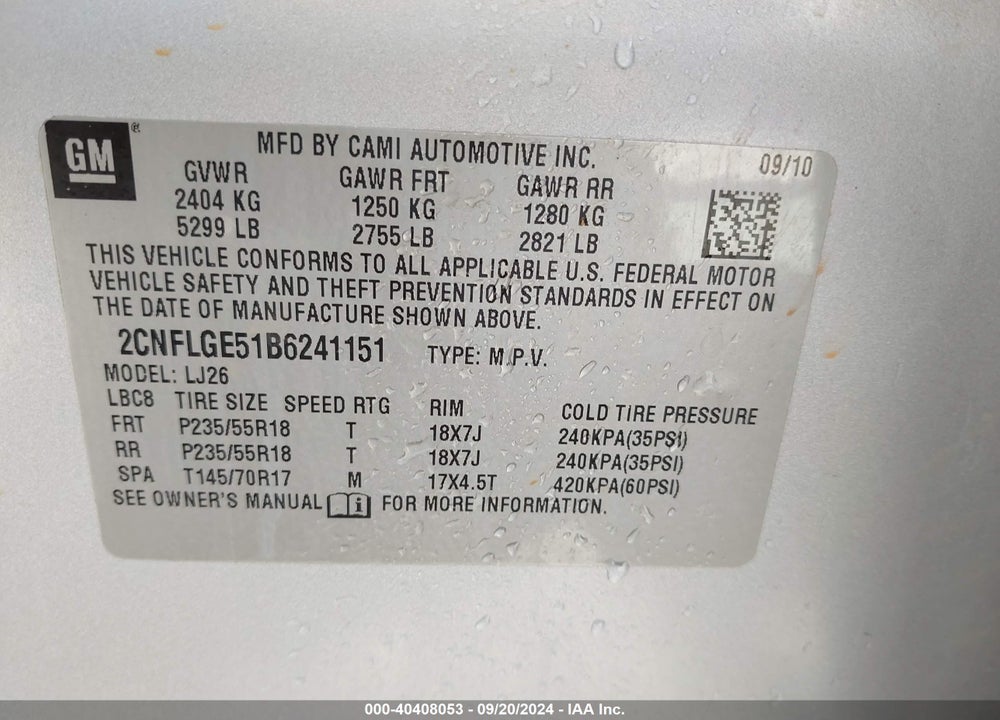 2011 CHEVROLET EQUINOX LTZ VIN: 2CNFLGE51B6241151