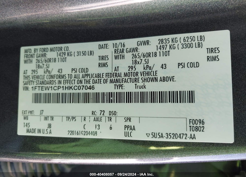 2017 FORD F-150 XLT VIN: 1FTEW1CP1HKC07046