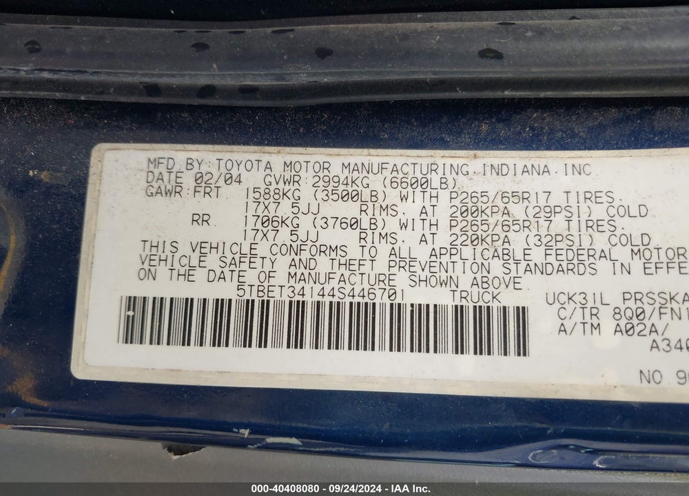 2004 TOYOTA TUNDRA SR5 V8 VIN: 5TBET34144S446701