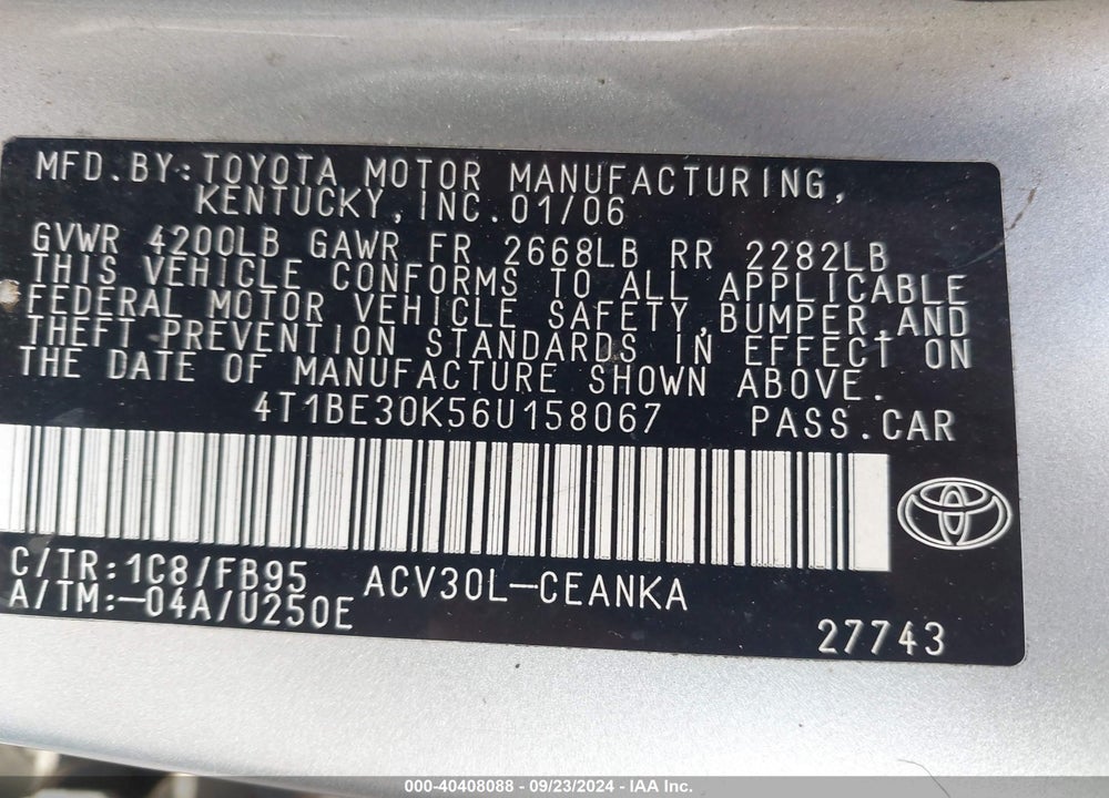 2006 TOYOTA CAMRY LE VIN: 4T1BE30K56U158067