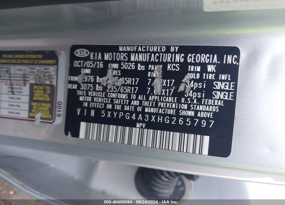 2017 KIA SORENTO 2.4L L VIN: 5XYPG4A3XHG265797