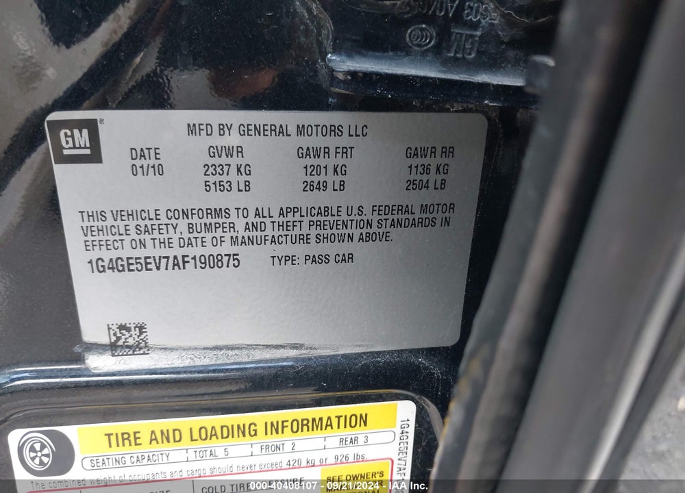 2010 BUICK LACROSSE CXS VIN: 1G4GE5EV7AF190875