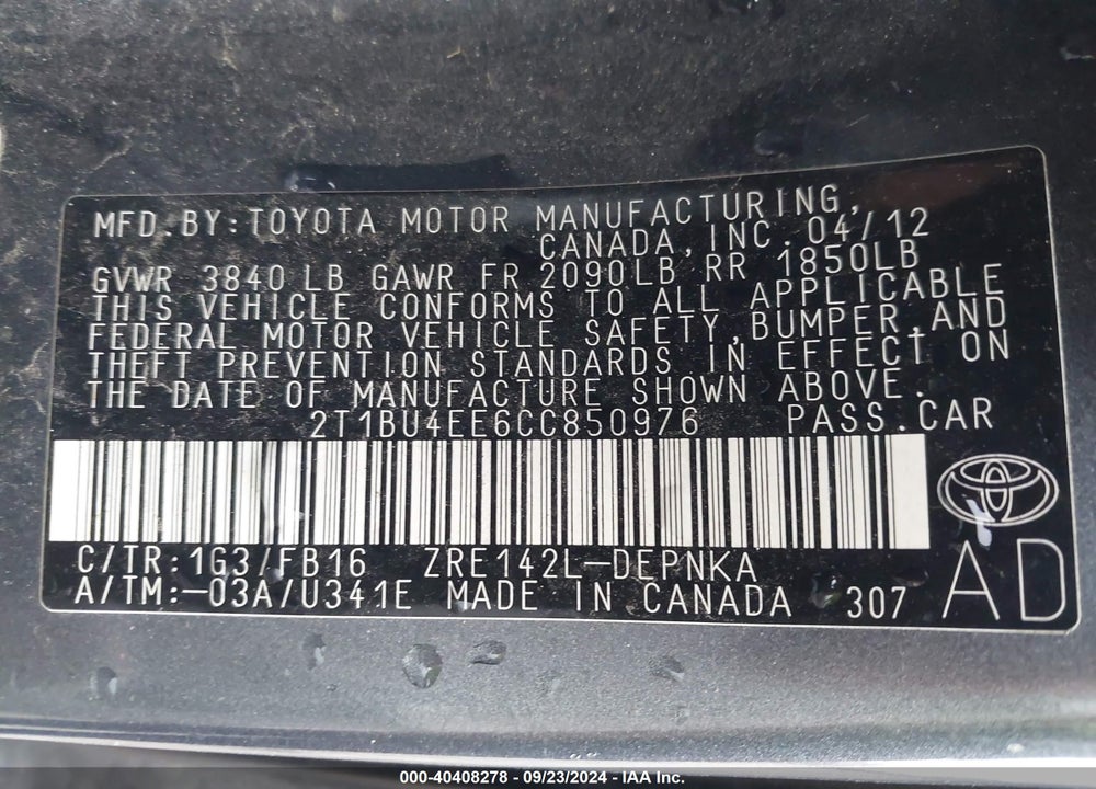 2012 TOYOTA COROLLA LE VIN: 2T1BU4EE6CC850976